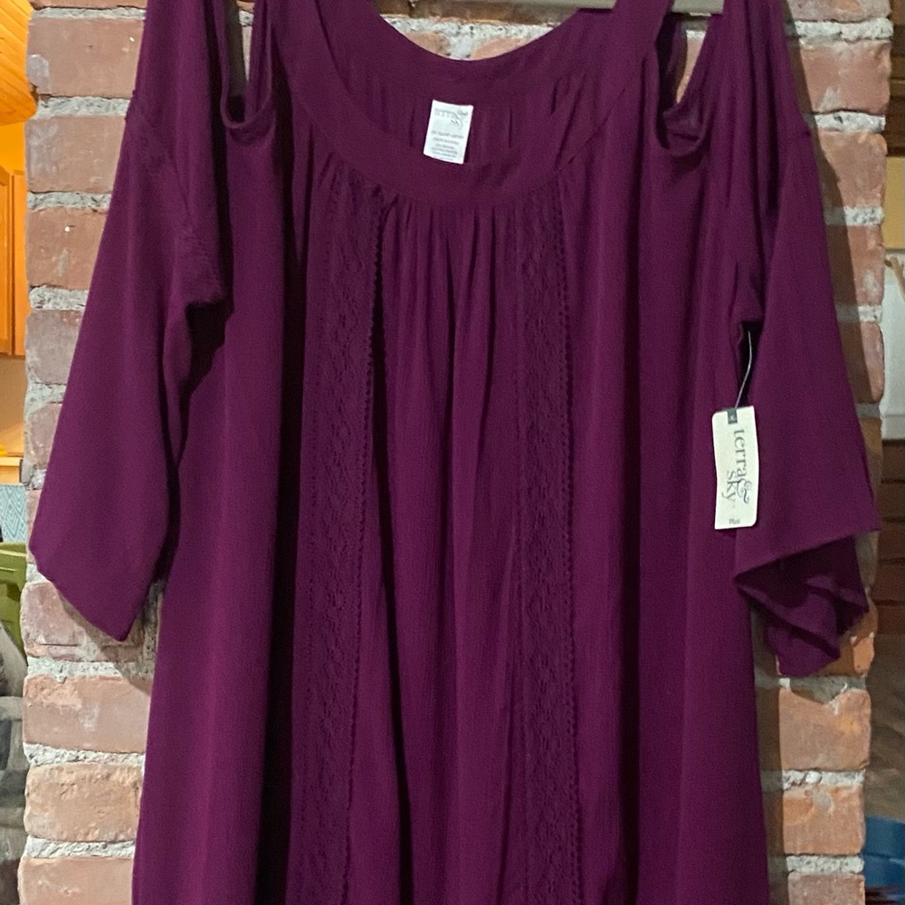 Terra & Sky Purple Cold Shoulder Dress with Long, Ballon Sleeves, Tiered Bottom - Picture 5 of 6